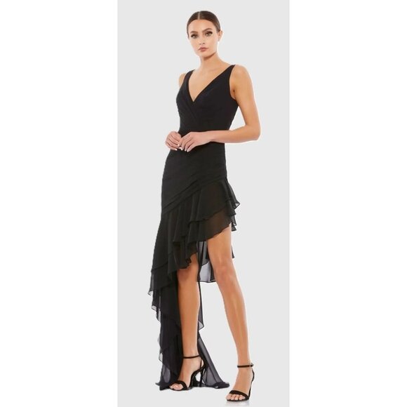 Mac Duggal Black Asymmetrical Ruffled V-Neck Chiffon Dress Size 4 NEW $348 [jb] - Picture 1 of 10